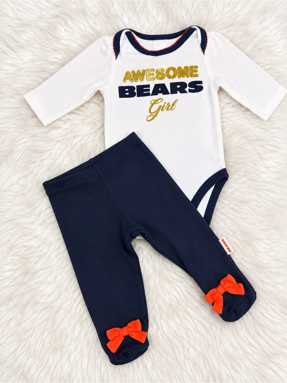 Baby Girl 'Awesome Bears' Navy & White One-Piece Set with Pants